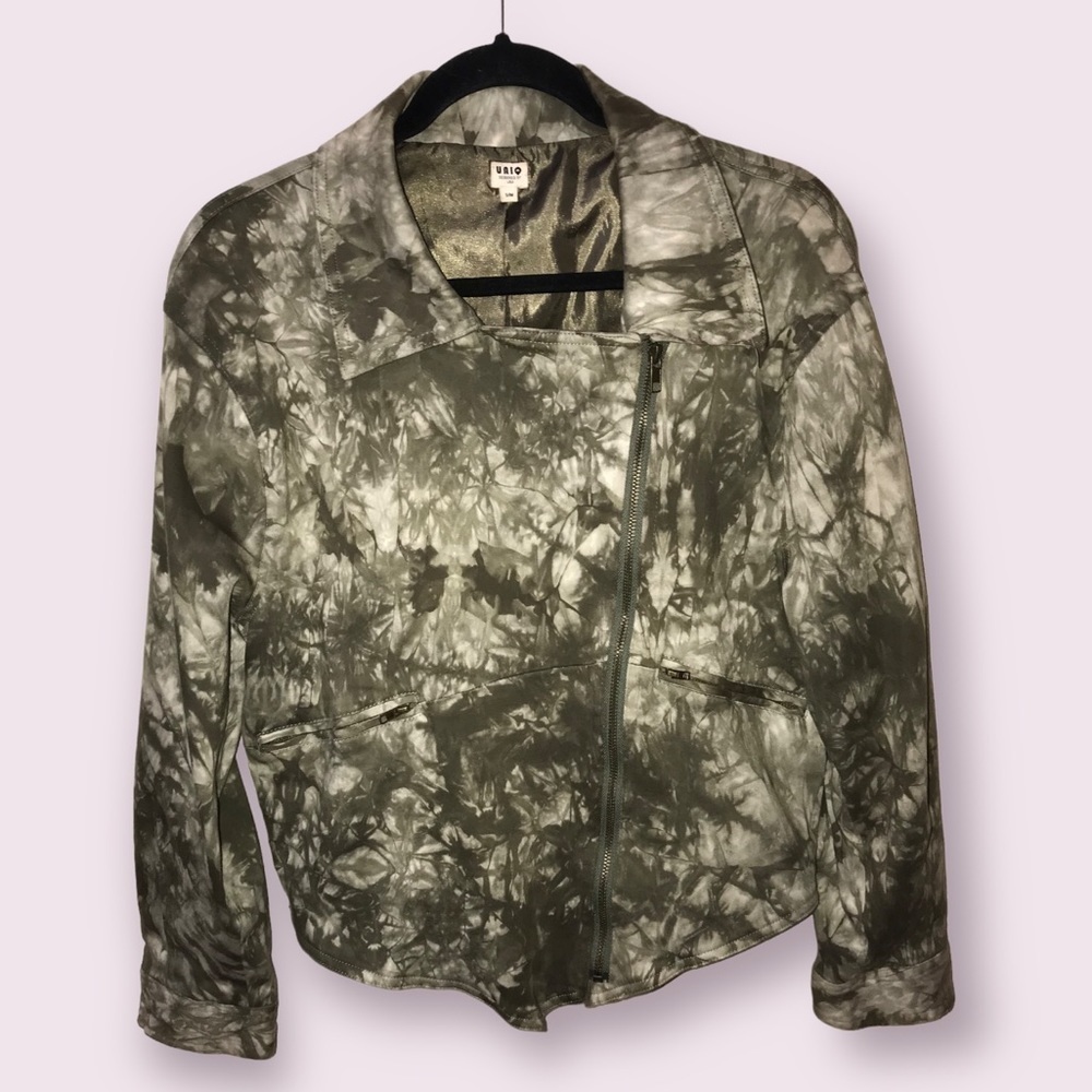 𝅺uniq Womens Cotton Tie Dye Asymmetric Zip Closure Biker Jacket Blazer Size S/M